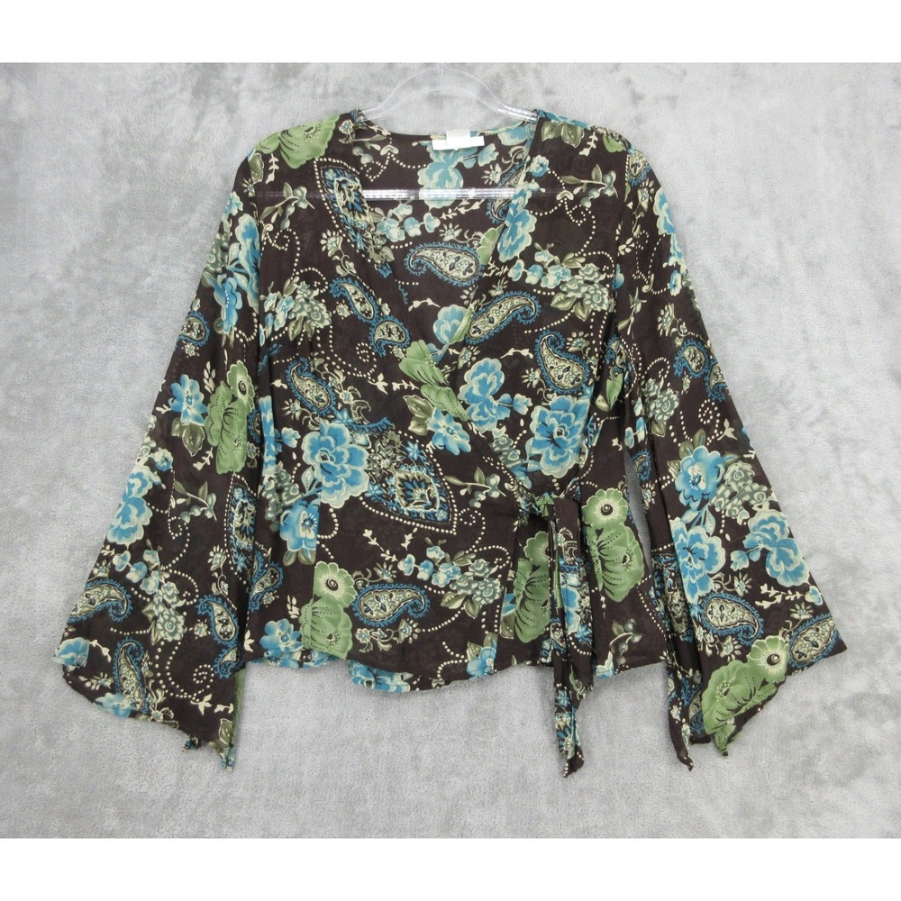 VTG Dressbarn Blouse Womens Size M Wrap 90s Fairy Coquette Feminine Floral Brown